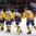 COLOGNE, GERMANY - MAY 5: Sweden's Elias Lindholm #28 (not shown) celebrates with Gabriel Landeskog #92, Jonas Brodin #25, Carl Klingberg #48 and Oliver Ekman-Larsson #23 after a first period goal against Russia during preliminary round action at the 2017 IIHF Ice Hockey World Championship. (Photo by Andre Ringuette/HHOF-IIHF Images)

